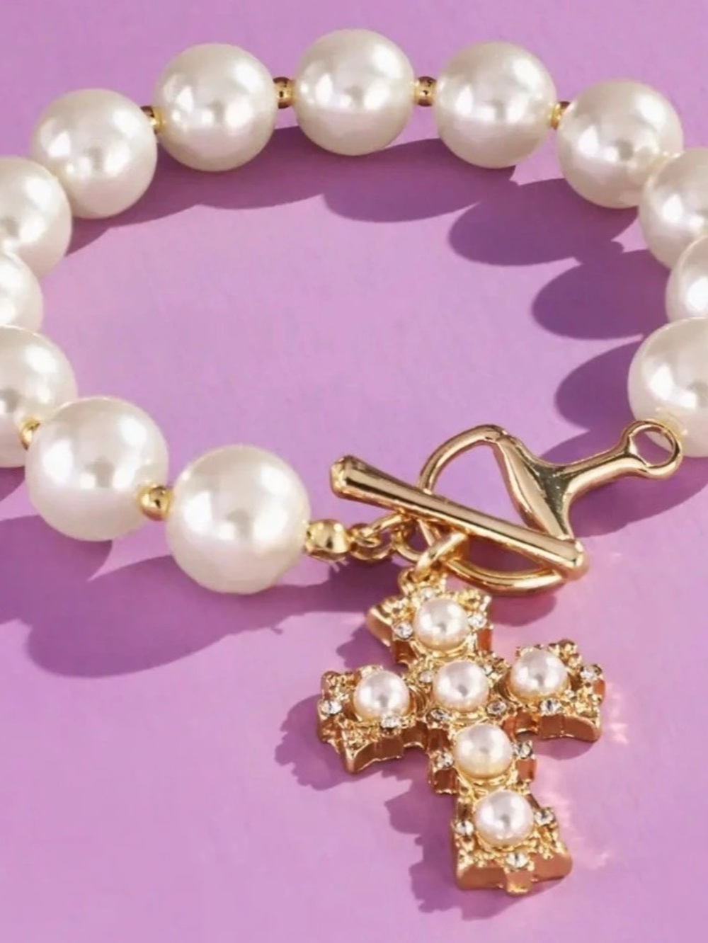Symbols of Faith Gold Tone Pearl Cross Toggle Bracelet